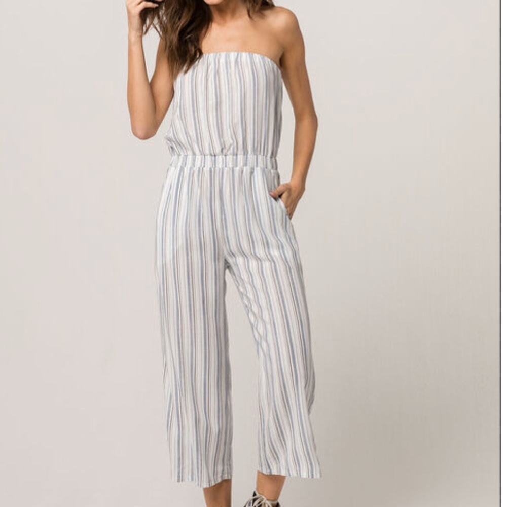 Blue & White Striped Strapless Jumpsuit